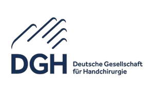 Logo der Deutschen Gesellschaft für Handchirurgie (DGH) mit stilisierten Händen und dem Schriftzug DGH.