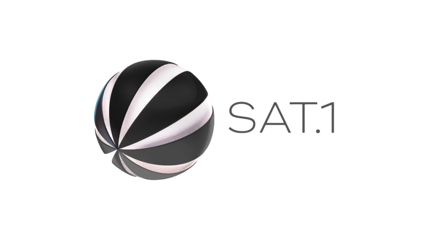 Logo von SAT.1, einem deutschen Fernsehsender, dargestellt als stilisierte Kugel in Schwarz und Weiß mit dem Schriftzug "SAT.1" daneben.