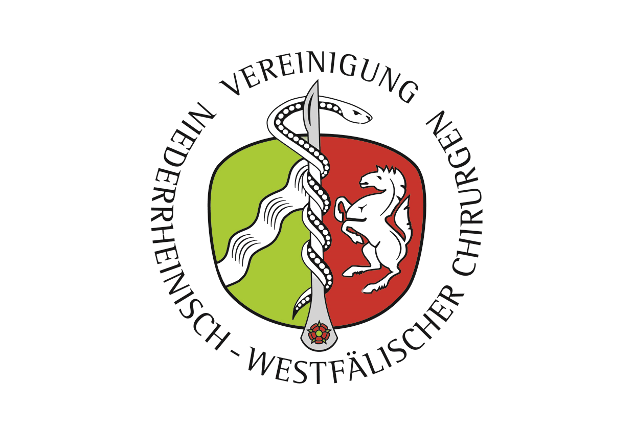 Logo der Vereinigung Niederrheinisch-Westfälischer Chirurgen, das eine Schlange und ein Skalpell auf einem zweifarbigen Hintergrund zeigt, mit einer stilisierten Pferdefigur auf rotem Feld.