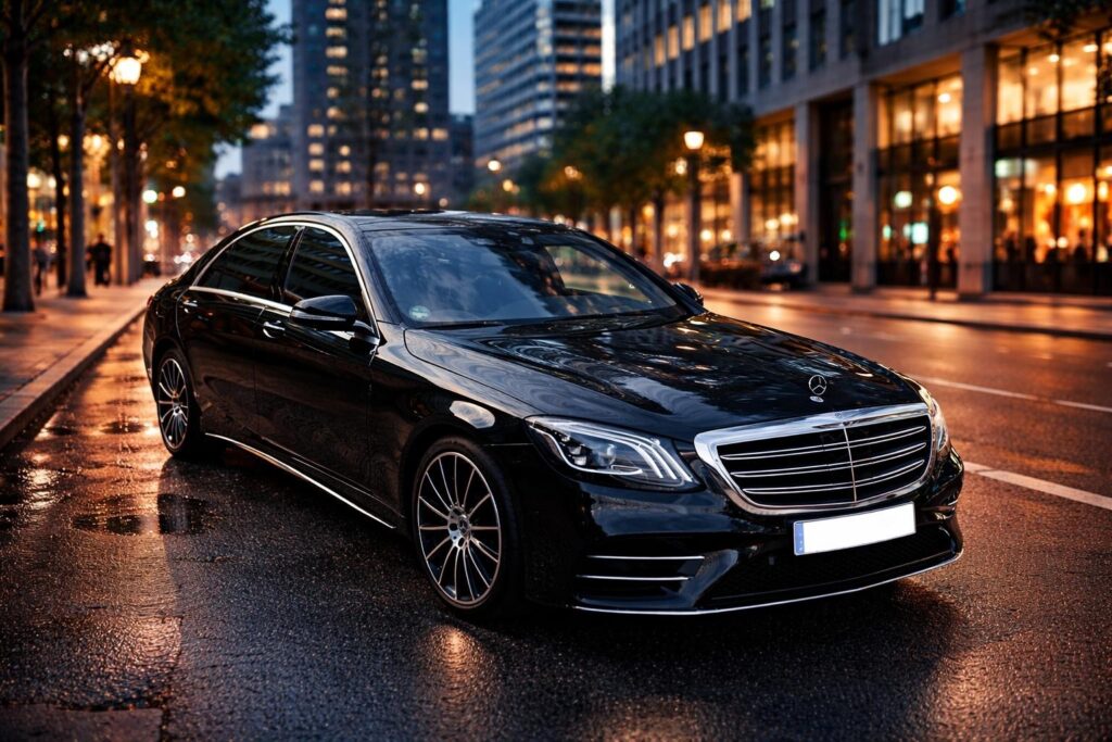 Schwarzer Mercedes-Benz S-Klasse auf einer regennassen Stadtstraße bei Dämmerung, umgeben von modernen Gebäuden und Straßenlaternen, die eine elegante Atmosphäre schaffen.