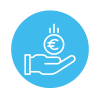 Symbol einer Hand, die eine Euro-Münze hält, steht für finanzielle Unterstützung und Investitionen in einem blauen Kreis.