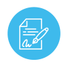 Symbol für das Schreiben und Unterzeichnen von Dokumenten, dargestellt durch ein Blatt Papier und einen Stift auf einem blauen Hintergrund. Ideal für Themen wie Büroorganisation, Dokumentation und Vertragsunterzeichnung.