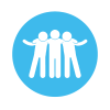 Drei stilisierte Figuren stehen nebeneinander und umarmen sich, symbolisieren Freundschaft und Gemeinschaft auf einem blauen Hintergrund.